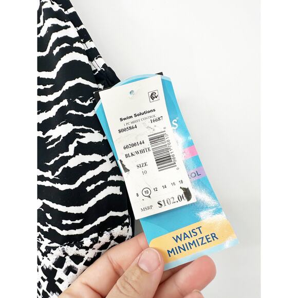 SWIM SOLUTIONS Tummy Control Black White Halter Mesh Insert Swimsuit NWT 10 - Picture 7 of 7